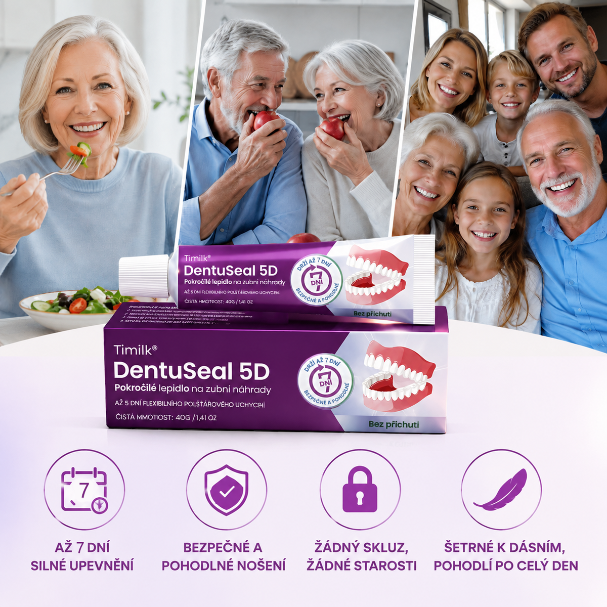 Lepicí polštářky na zubní protézu Timilk® DentuSeal 5D Advanced 🦷 Poskytují flexibilní a polstrované držení až 7 dní✅