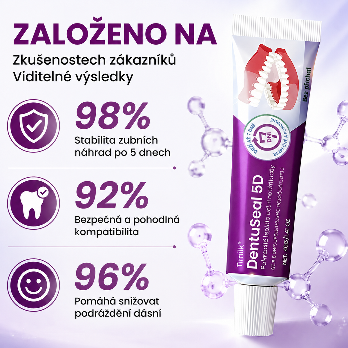 Lepicí polštářky na zubní protézu Timilk® DentuSeal 5D Advanced 🦷 Poskytují flexibilní a polstrované držení až 7 dní✅