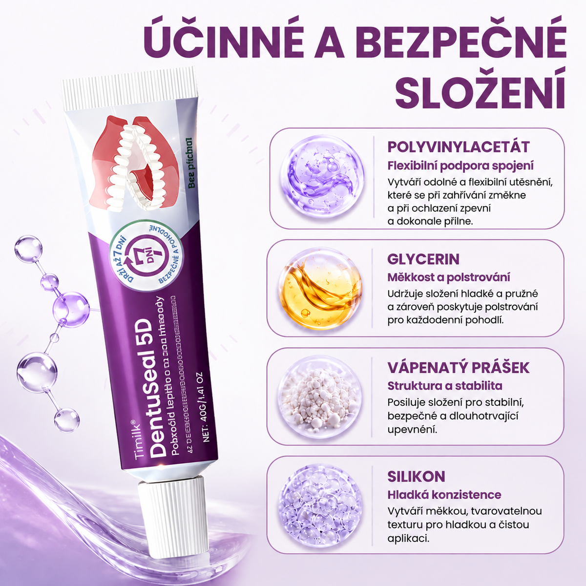 Lepicí polštářky na zubní protézu Timilk® DentuSeal 5D Advanced 🦷 Poskytují flexibilní a polstrované držení až 7 dní✅