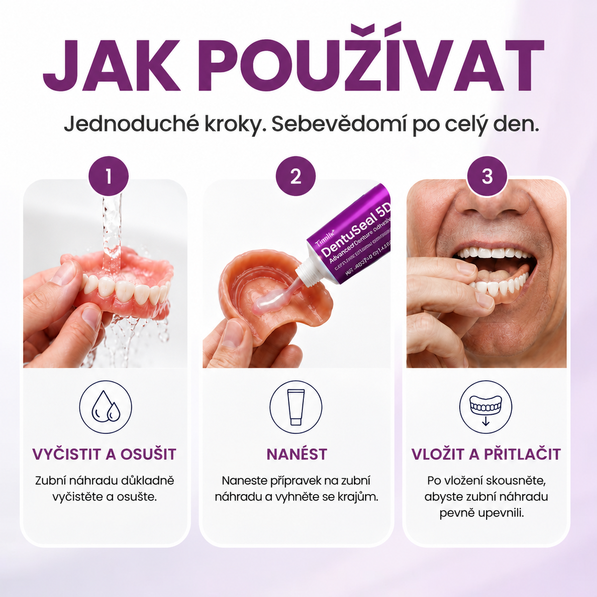 Lepicí polštářky na zubní protézu Timilk® DentuSeal 5D Advanced 🦷 Poskytují flexibilní a polstrované držení až 7 dní✅