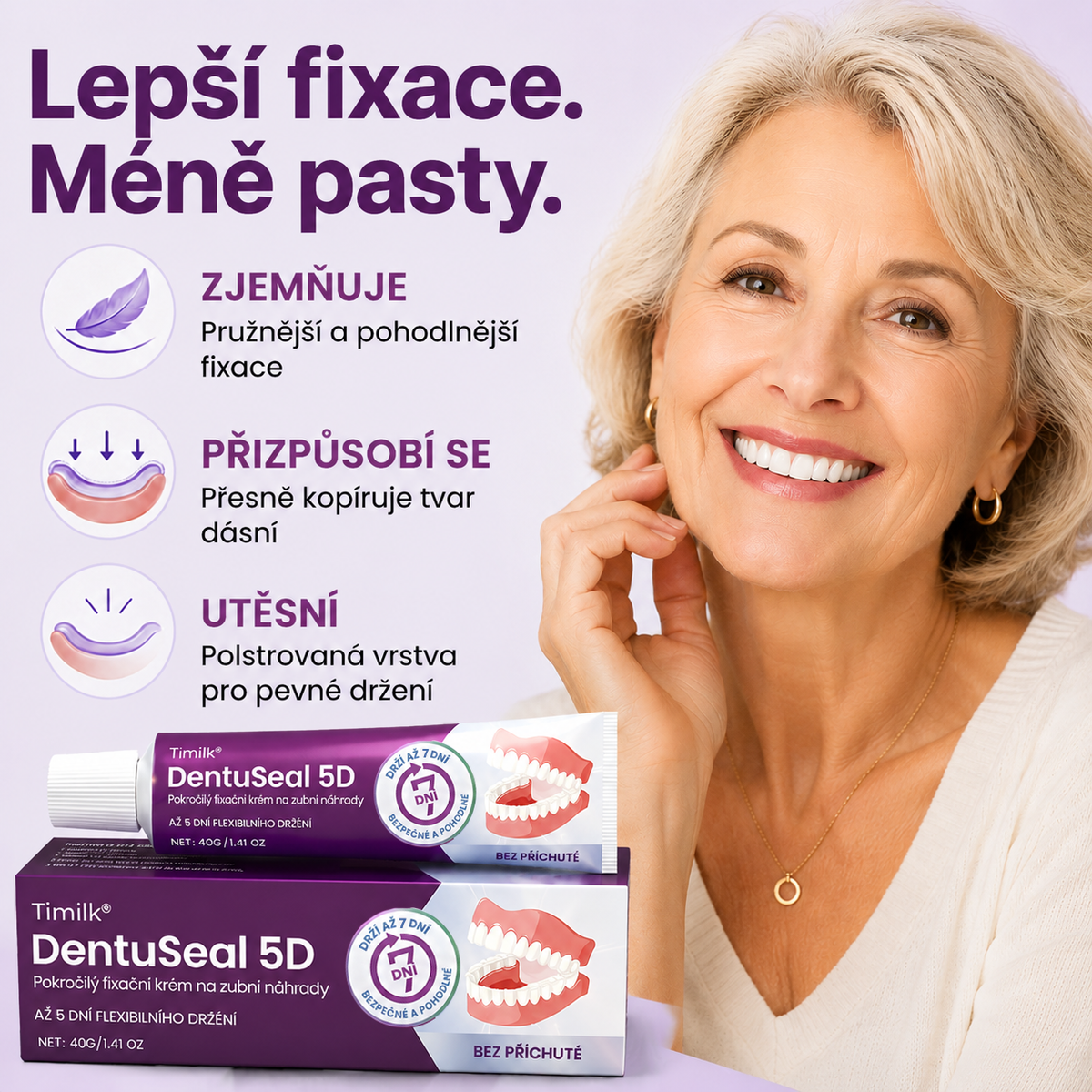 Lepicí polštářky na zubní protézu Timilk® DentuSeal 5D Advanced 🦷 Poskytují flexibilní a polstrované držení až 7 dní✅