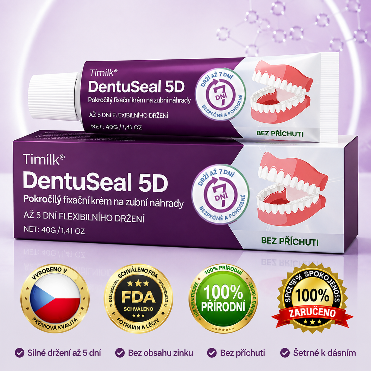 Lepicí polštářky na zubní protézu Timilk® DentuSeal 5D Advanced 🦷 Poskytují flexibilní a polstrované držení až 7 dní✅